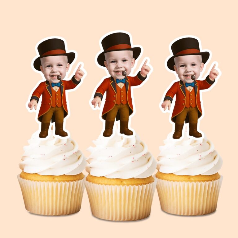 Custom Circus Ringmaster Black Top Hat Face Cutout – Cupcake Topper Custom Circus Ringmaster Black Top Hat Face Cutout shown on a cupcake topper mockup