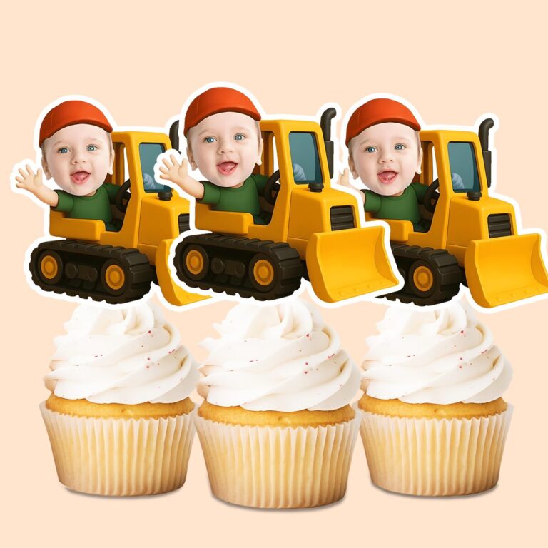 Custom Bulldozer Operator Face Cutout – Cupcake Topper Custom Bulldozer Operator Face Cutout shown on a cupcake topper mockup