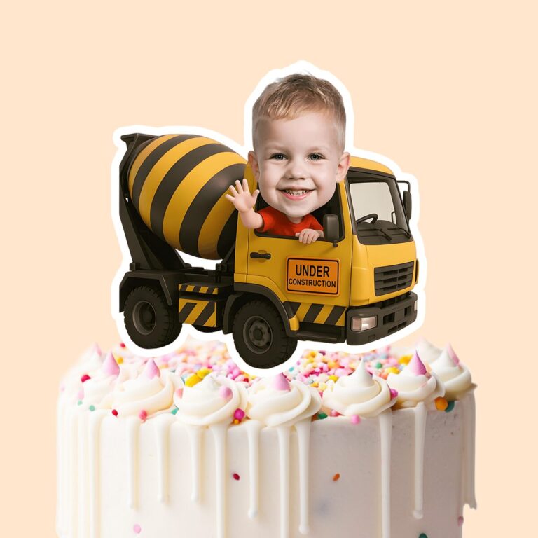 Custom Concrete Mixer Truck Driver Face Cutout – Cake Topper Custom Concrete Mixer Truck Driver Face Cutout shown on a cake topper mockup