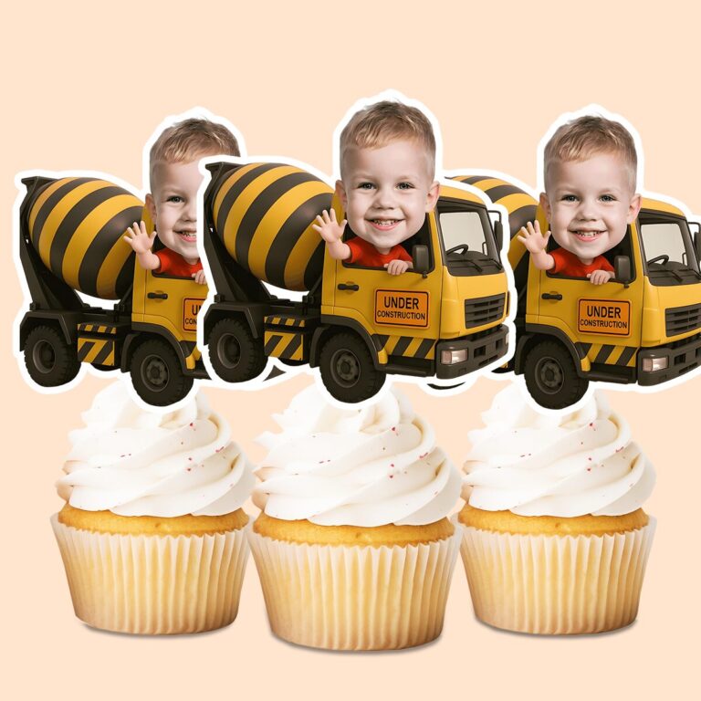 Custom Concrete Mixer Truck Driver Face Cutout – Cupcake Topper Custom Concrete Mixer Truck Driver Face Cutout shown on a cupcake topper mockup