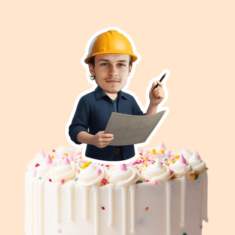 Custom Construction Engineer Reviewing Plans Face Cutout – Cake Topper Custom Construction Engineer Reviewing Plans Face Cutout shown on a cake topper mockup
