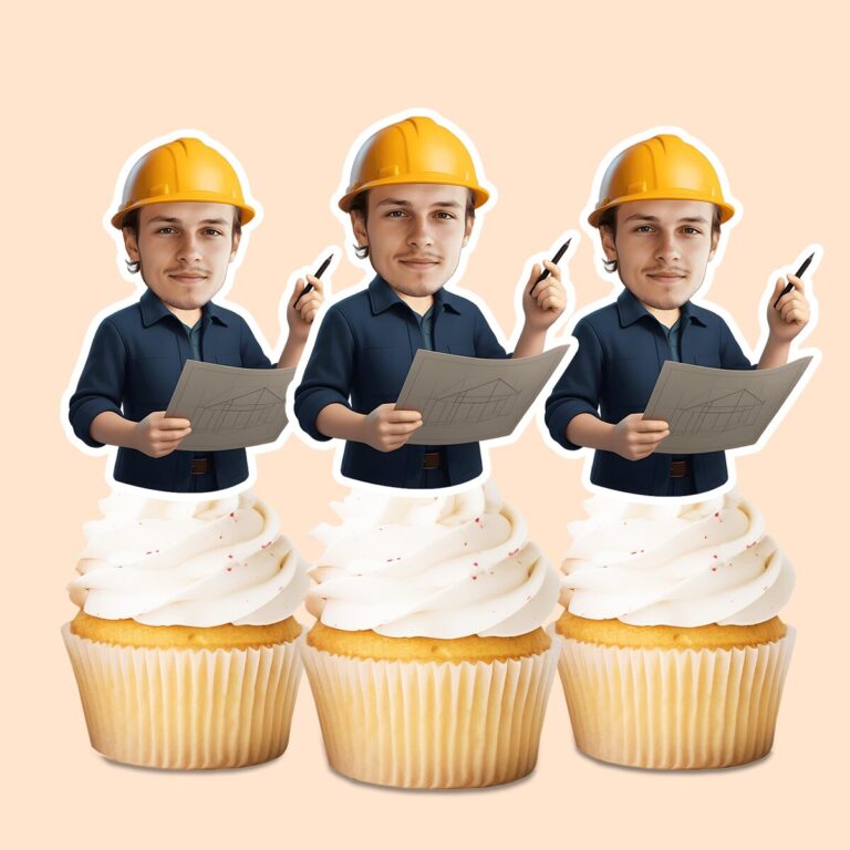 Custom Construction Engineer Reviewing Plans Face Cutout – Cupcake Topper Custom Construction Engineer Reviewing Plans Face Cutout shown on a cupcake topper mockup