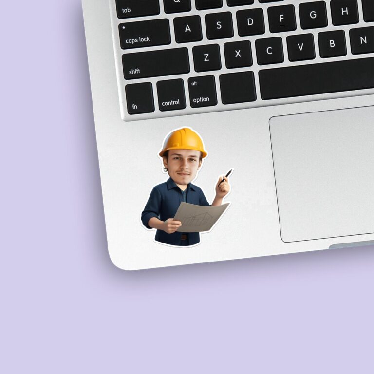 Custom Construction Engineer Reviewing Plans Face Cutout – Sticker Custom Construction Engineer Reviewing Plans Face Cutout shown on a sticker mockup