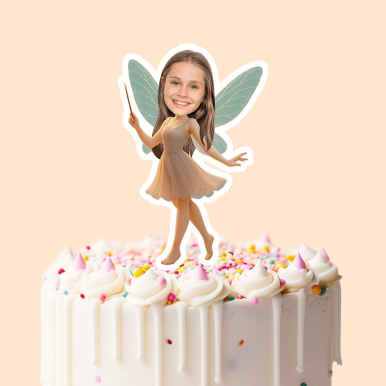 Custom Wand-Holding Woodland Fairy Face Cutout – Cake Topper Custom Wand-Holding Woodland Fairy Face Cutout shown on a cake topper mockup