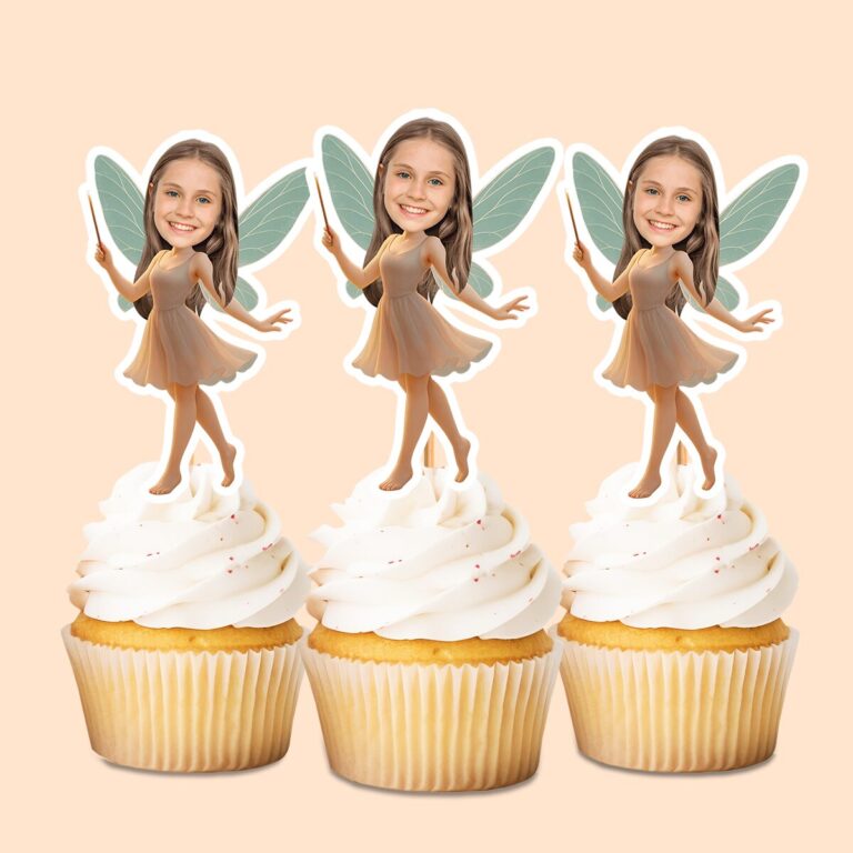 Custom Wand-Holding Woodland Fairy Face Cutout – Cupcake Topper Custom Wand-Holding Woodland Fairy Face Cutout shown on a cupcake topper mockup
