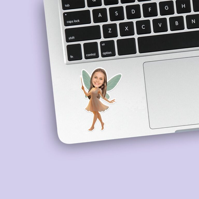 Custom Wand-Holding Woodland Fairy Face Cutout – Sticker Custom Wand-Holding Woodland Fairy Face Cutout shown on a sticker mockup