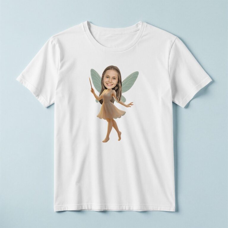 Custom Wand-Holding Woodland Fairy Face Cutout – T-shirt Custom Wand-Holding Woodland Fairy Face Cutout shown on a T-shirt mockup