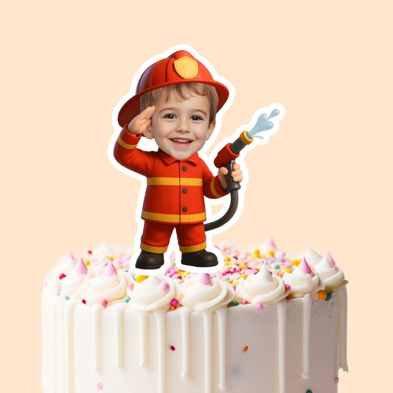 Custom Firefighter Saluting with Hose Face Cutout – Cake Topper Custom Firefighter Saluting with Hose Face Cutout shown on a cake topper mockup