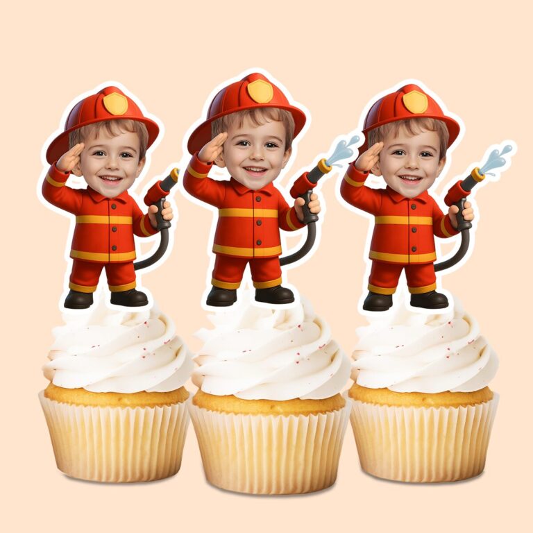 Custom Firefighter Saluting with Hose Face Cutout – Cupcake Topper Custom Firefighter Saluting with Hose Face Cutout shown on a cupcake topper mockup