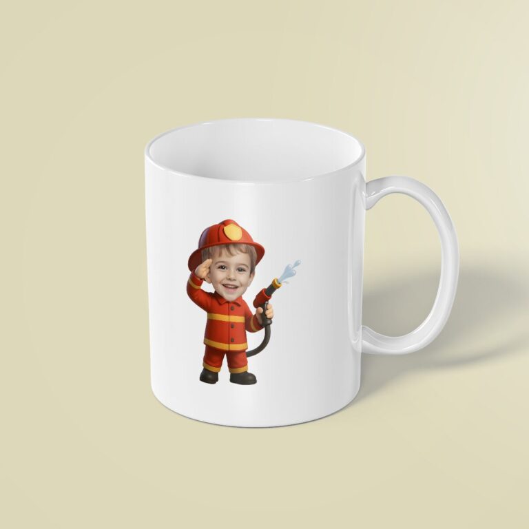Custom Firefighter Saluting with Hose Face Cutout – Mug Custom Firefighter Saluting with Hose Face Cutout shown on a mug mockup
