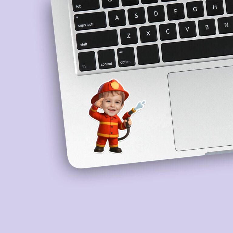 Custom Firefighter Saluting with Hose Face Cutout – Sticker Custom Firefighter Saluting with Hose Face Cutout shown on a sticker mockup