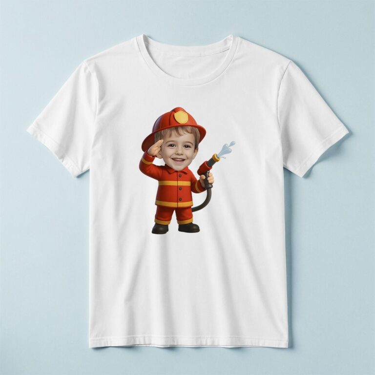 Custom Firefighter Saluting with Hose Face Cutout – T-shirt Custom Firefighter Saluting with Hose Face Cutout shown on a T-shirt mockup