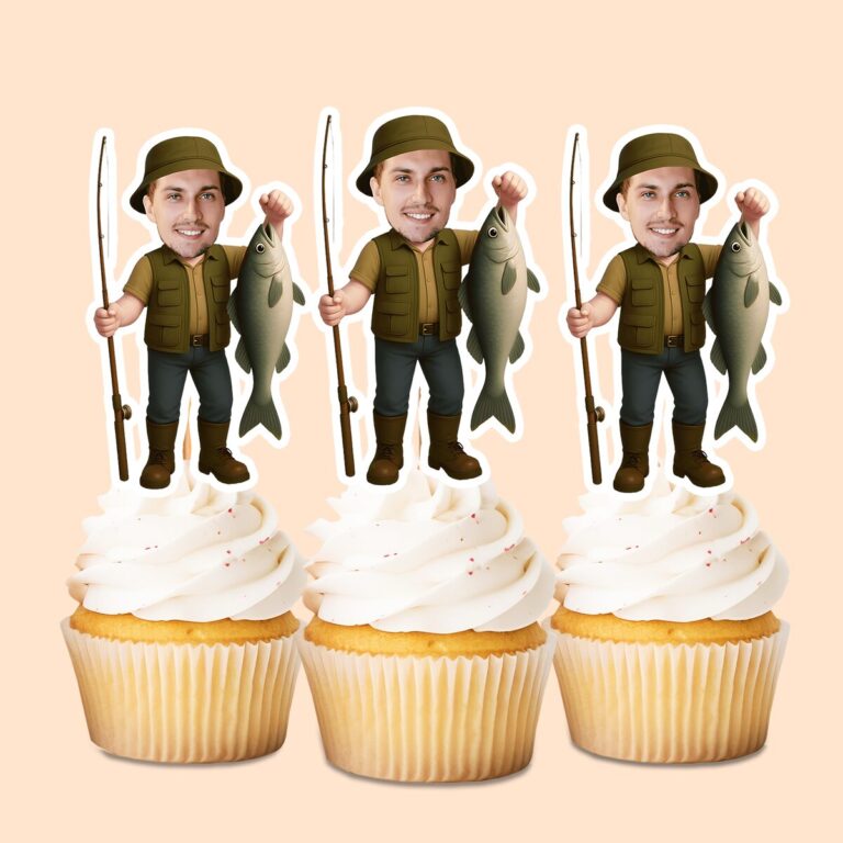 Custom Angler Displaying a Catch Face Cutout – Cupcake Topper Custom Angler Displaying a Catch Face Cutout shown on a cupcake topper mockup