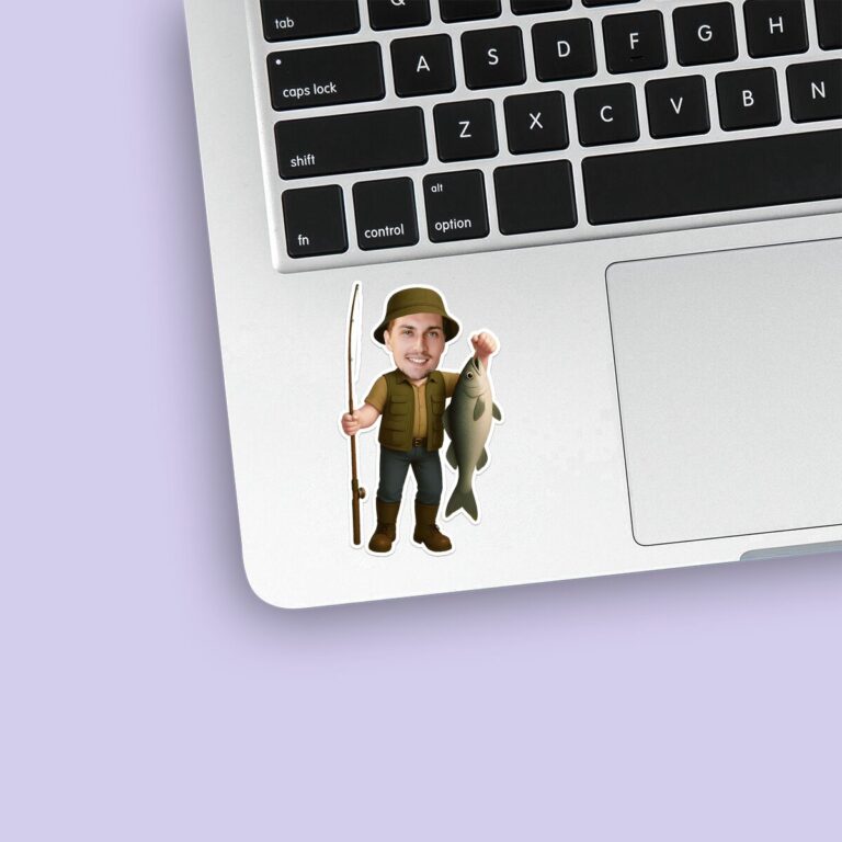 Custom Angler Displaying a Catch Face Cutout – Sticker Custom Angler Displaying a Catch Face Cutout shown on a sticker mockup