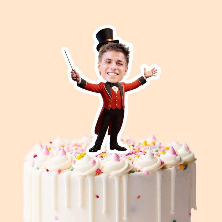 Custom Circus Magician or Showman Face Cutout – Cake Topper Custom Circus Magician or Showman Face Cutout shown on a cake topper mockup