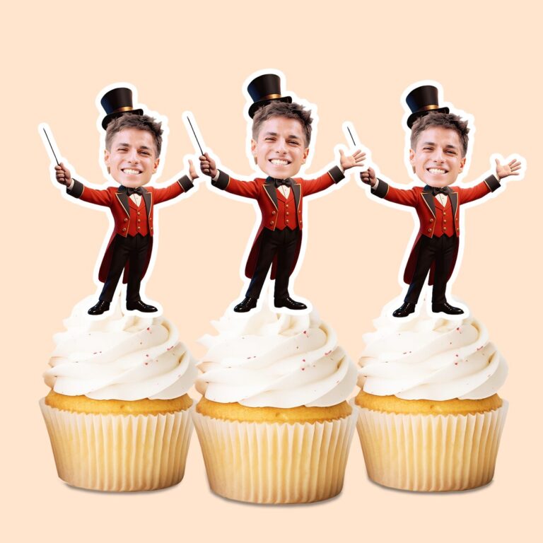Custom Circus Magician or Showman Face Cutout – Cupcake Topper Custom Circus Magician or Showman Face Cutout shown on a cupcake topper mockup