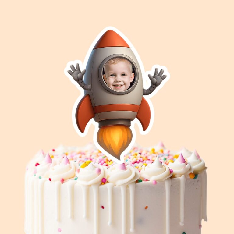 Custom Child Astronaut Riding Inside a Rocket Face Cutout – Cake Topper Custom Child Astronaut Riding Inside a Rocket Face Cutout shown on a cake topper mockup