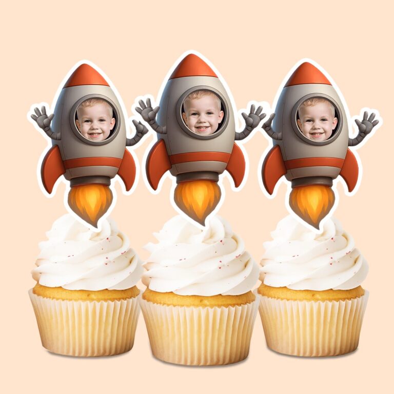 Custom Child Astronaut Riding Inside a Rocket Face Cutout – Cupcake Topper Custom Child Astronaut Riding Inside a Rocket Face Cutout shown on a cupcake topper mockup