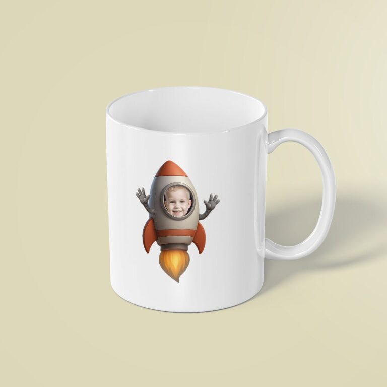 Custom Child Astronaut Riding Inside a Rocket Face Cutout – Mug Custom Child Astronaut Riding Inside a Rocket Face Cutout shown on a mug mockup