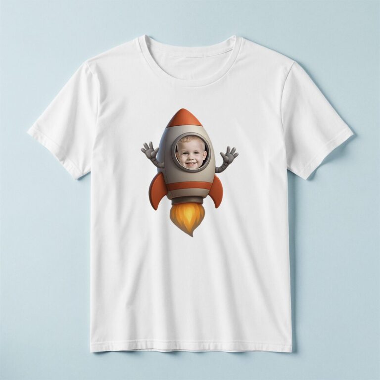 Custom Child Astronaut Riding Inside a Rocket Face Cutout – T-shirt Custom Child Astronaut Riding Inside a Rocket Face Cutout shown on a T-shirt mockup