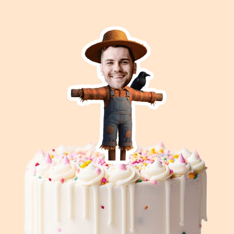 Custom Farm Scarecrow Face Cutout – Cake Topper Custom Farm Scarecrow Face Cutout shown on a cake topper mockup