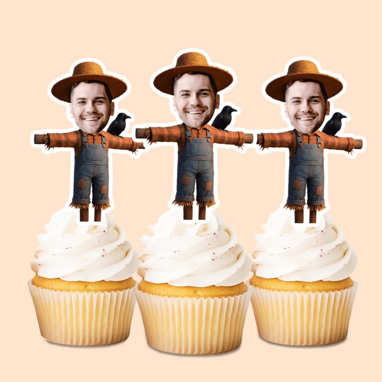 Custom Farm Scarecrow Face Cutout – Cupcake Topper Custom Farm Scarecrow Face Cutout shown on a cupcake topper mockup