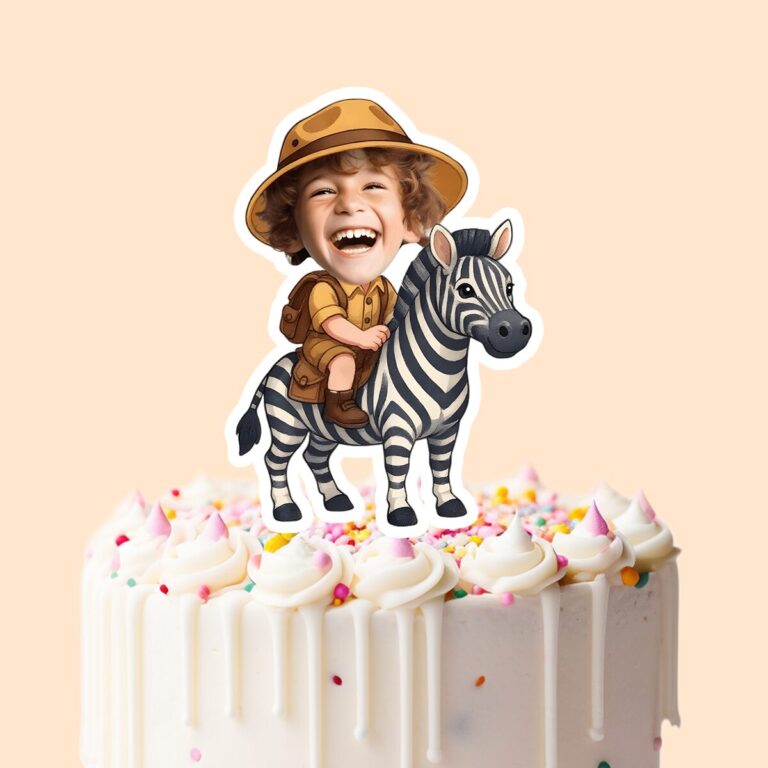 Custom Zebra Safari Rider Tan Pith Helmet Face Cutout – Cake Topper Custom Zebra Safari Rider Tan Pith Helmet Face Cutout shown on a cake topper mockup