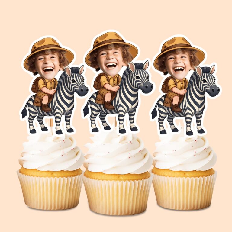 Custom Zebra Safari Rider Tan Pith Helmet Face Cutout – Cupcake Topper Custom Zebra Safari Rider Tan Pith Helmet Face Cutout shown on a cupcake topper mockup
