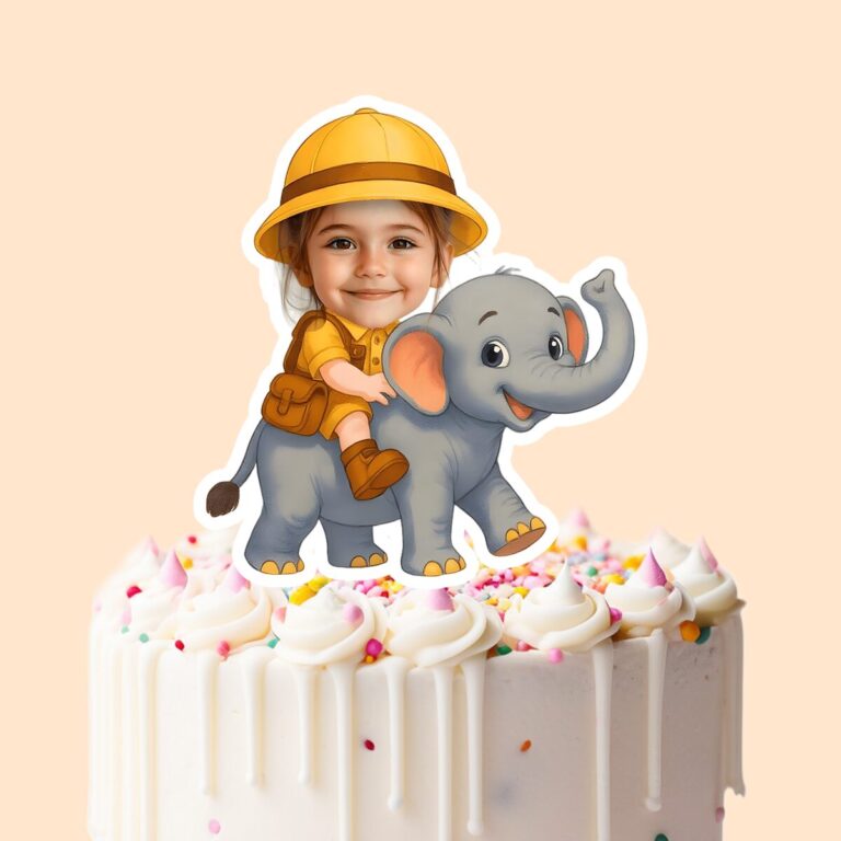 Custom Elephant Safari Rider Face Cutout – Cake Topper Custom Elephant Safari Rider Face Cutout shown on a cake topper mockup