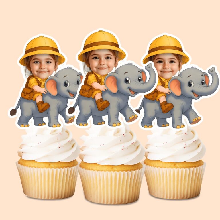 Custom Elephant Safari Rider Face Cutout – Cupcake Topper Custom Elephant Safari Rider Face Cutout shown on a cupcake topper mockup