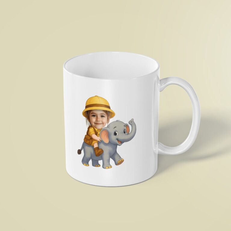 Custom Elephant Safari Rider Face Cutout – Mug Custom Elephant Safari Rider Face Cutout shown on a mug mockup