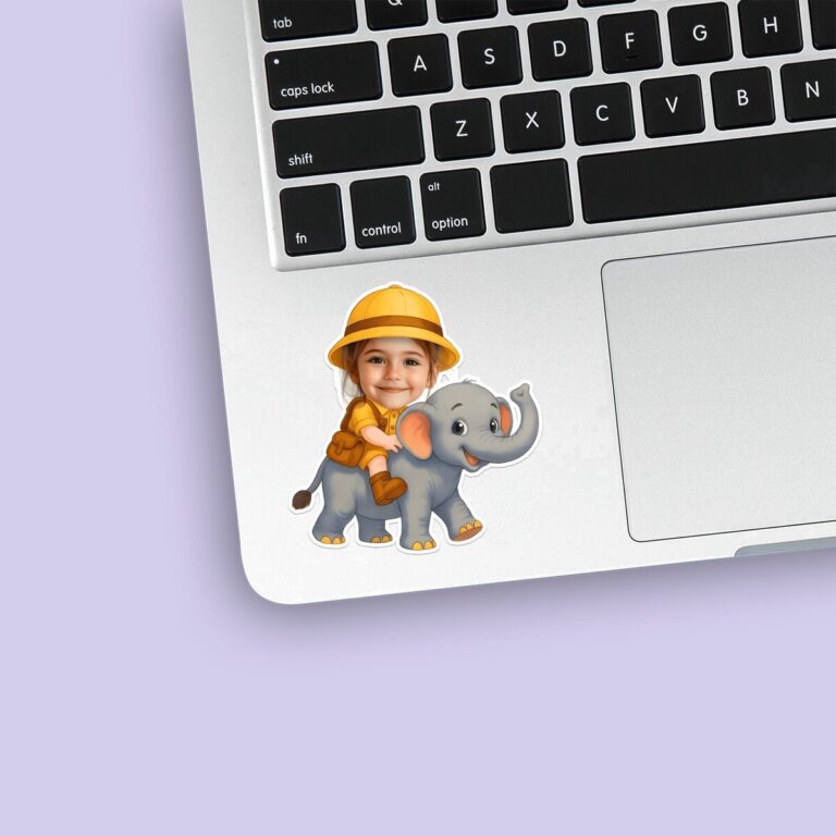 Custom Elephant Safari Rider Face Cutout – Sticker Custom Elephant Safari Rider Face Cutout shown on a sticker mockup