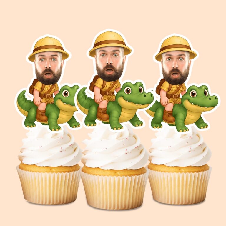 Custom Crocodile Safari Rider Face Cutout – Cupcake Topper Custom Crocodile Safari Rider Face Cutout shown on a cupcake topper mockup
