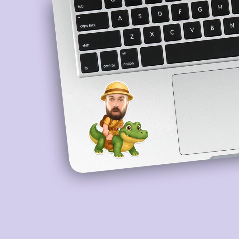 Custom Crocodile Safari Rider Face Cutout – Sticker Custom Crocodile Safari Rider Face Cutout shown on a sticker mockup