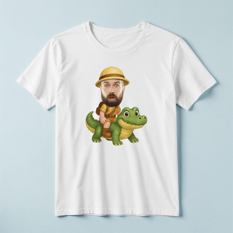 Custom Crocodile Safari Rider Face Cutout – T-shirt Custom Crocodile Safari Rider Face Cutout shown on a T-shirt mockup