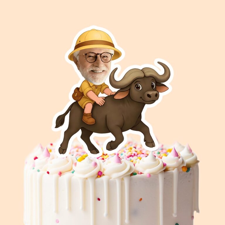 Custom African Buffalo Safari Rider Face Cutout – Cake Topper Custom African Buffalo Safari Rider Face Cutout shown on a cake topper mockup