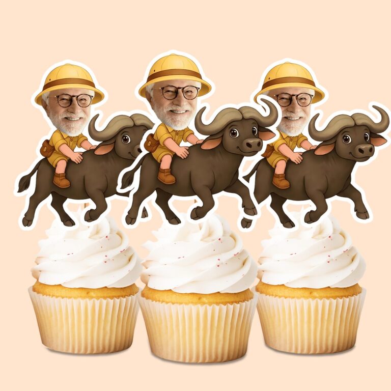 Custom African Buffalo Safari Rider Face Cutout – Cupcake Topper Custom African Buffalo Safari Rider Face Cutout shown on a cupcake topper mockup
