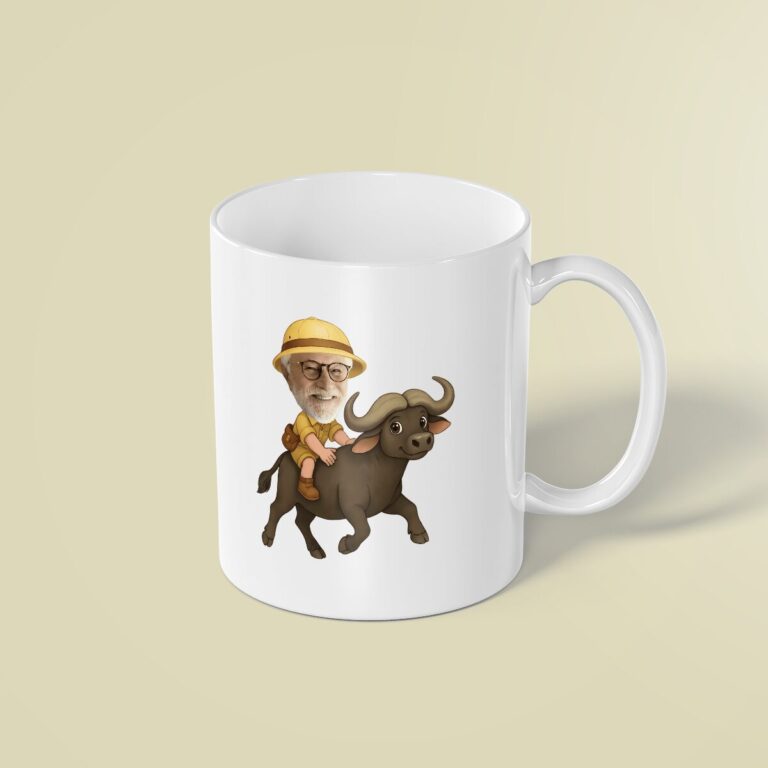 Custom African Buffalo Safari Rider Face Cutout – Mug Custom African Buffalo Safari Rider Face Cutout shown on a mug mockup