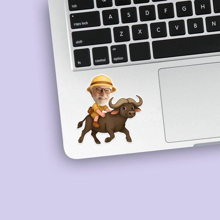 Custom African Buffalo Safari Rider Face Cutout – Sticker Custom African Buffalo Safari Rider Face Cutout shown on a sticker mockup