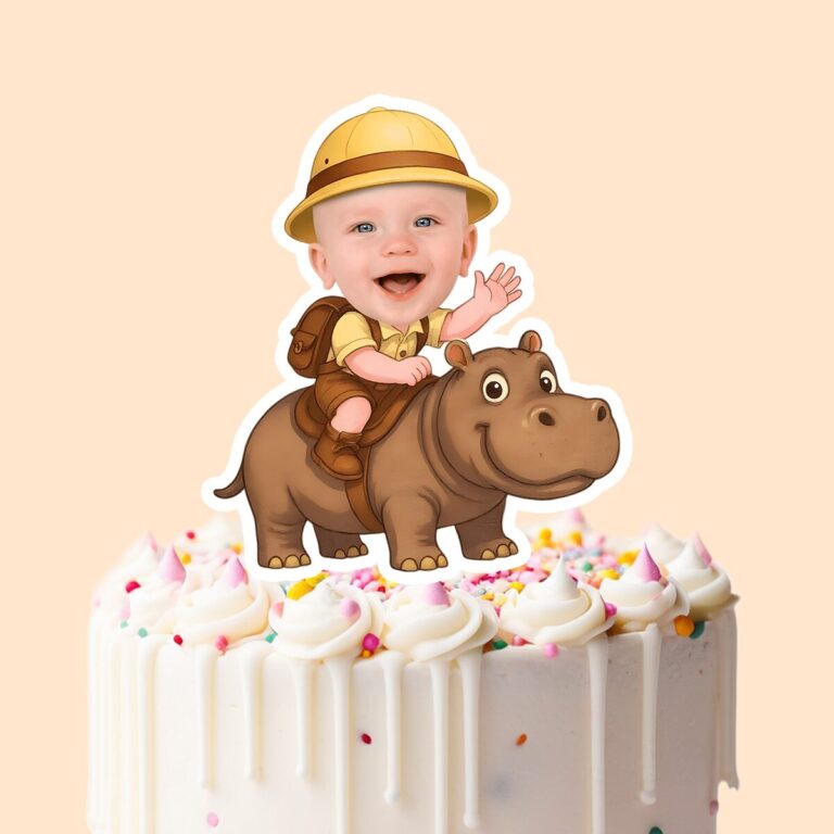 Custom Hippopotamus Safari Rider Face Cutout – Cake Topper Custom Hippopotamus Safari Rider Face Cutout shown on a cake topper mockup