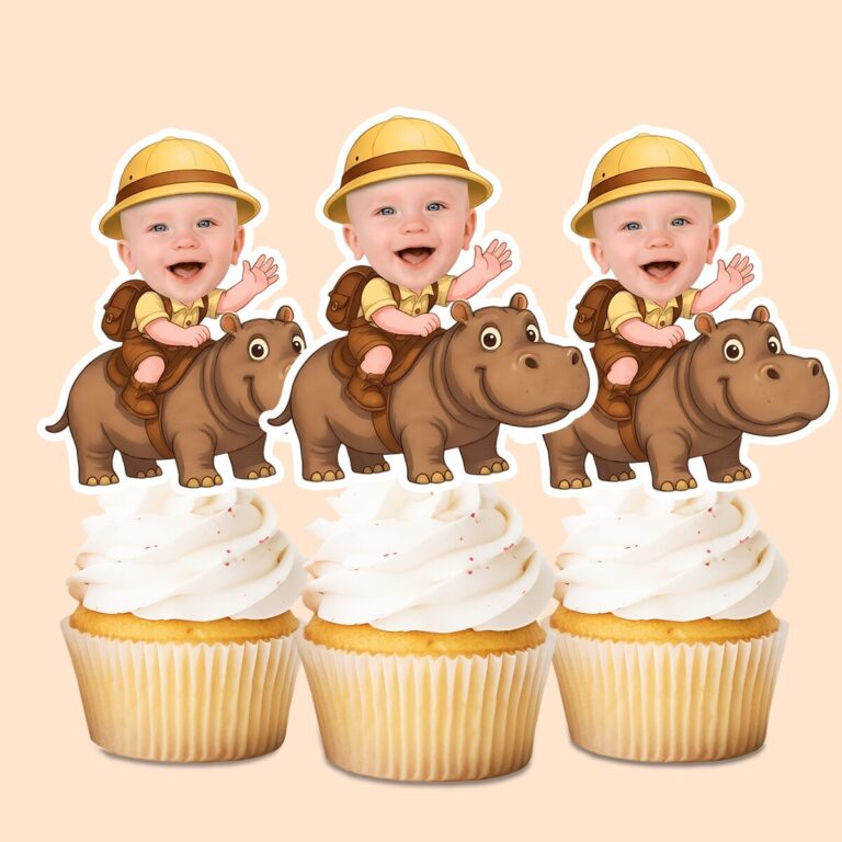 Custom Hippopotamus Safari Rider Face Cutout – Cupcake Topper Custom Hippopotamus Safari Rider Face Cutout shown on a cupcake topper mockup