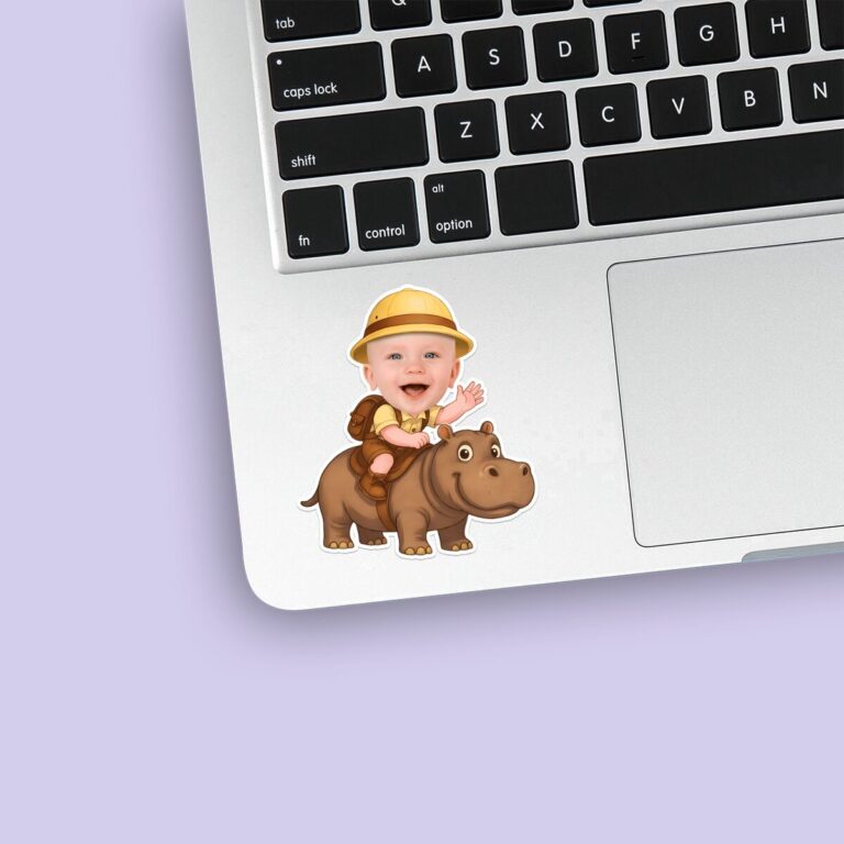 Custom Hippopotamus Safari Rider Face Cutout – Sticker Custom Hippopotamus Safari Rider Face Cutout shown on a sticker mockup