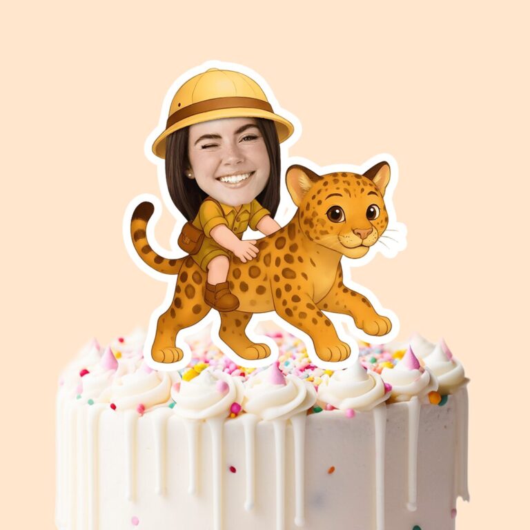 Custom Spotted Leopard Safari Rider Face Cutout – Cake Topper Custom Spotted Leopard Safari Rider Face Cutout shown on a cake topper mockup