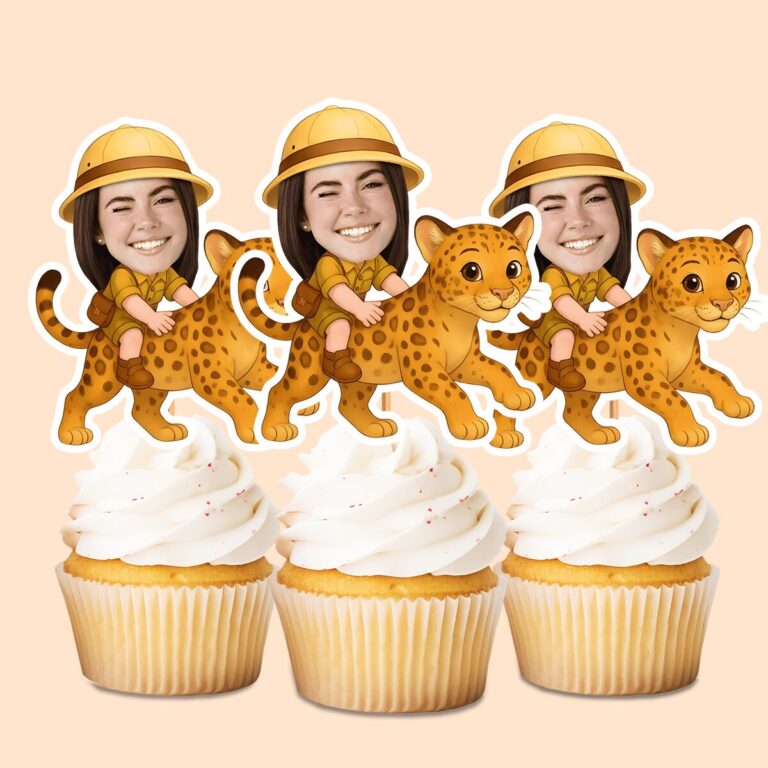 Custom Spotted Leopard Safari Rider Face Cutout – Cupcake Topper Custom Spotted Leopard Safari Rider Face Cutout shown on a cupcake topper mockup