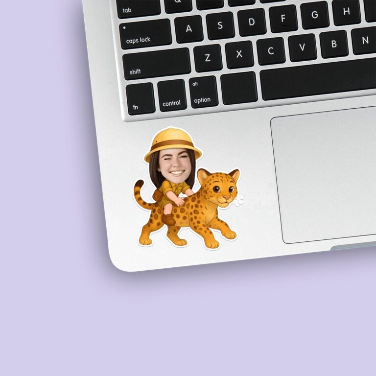 Custom Spotted Leopard Safari Rider Face Cutout – Sticker Custom Spotted Leopard Safari Rider Face Cutout shown on a sticker mockup