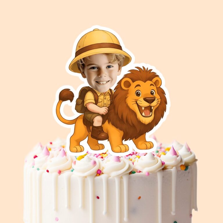 Custom Lion Safari Rider Yellow Pith Helmet Face Cutout – Cake Topper Custom Lion Safari Rider Yellow Pith Helmet Face Cutout shown on a cake topper mockup
