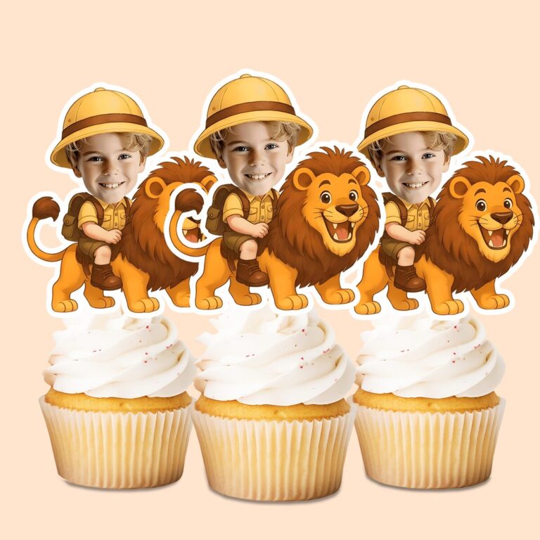 Custom Lion Safari Rider Yellow Pith Helmet Face Cutout – Cupcake Topper Custom Lion Safari Rider Yellow Pith Helmet Face Cutout shown on a cupcake topper mockup