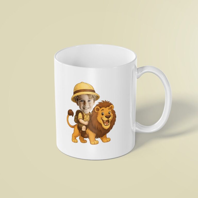 Custom Lion Safari Rider Yellow Pith Helmet Face Cutout – Mug Custom Lion Safari Rider Yellow Pith Helmet Face Cutout shown on a mug mockup