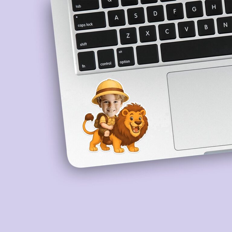 Custom Lion Safari Rider Yellow Pith Helmet Face Cutout – Sticker Custom Lion Safari Rider Yellow Pith Helmet Face Cutout shown on a sticker mockup