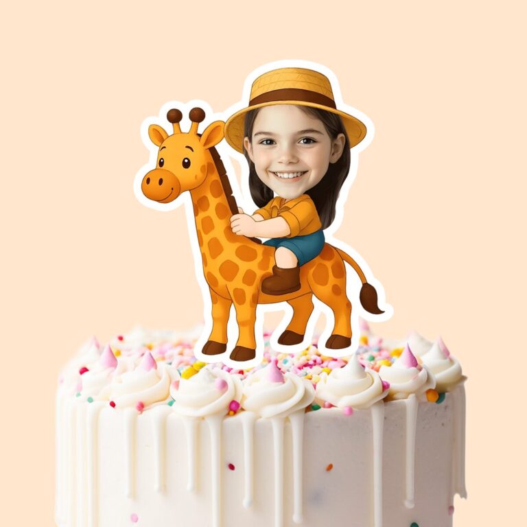 Custom Giraffe Safari Golden Spotted Giraffe Face Cutout – Cake Topper Custom Giraffe Safari Golden Spotted Giraffe Face Cutout shown on a cake topper mockup